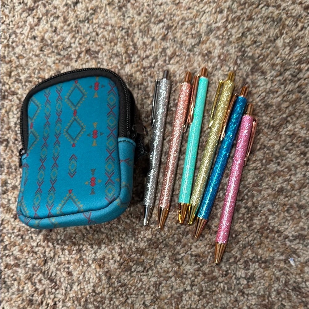 Stylish Blue Patterned Pouch with Glitter Pens Set